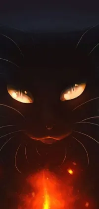This live wallpaper presents stunning digital art, showcasing a black cat with glowing eyes