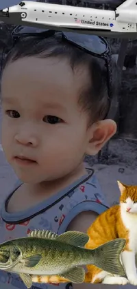 This live wallpaper features a delightful depiction of a young child wearing a quirky space shuttle on their head while holding onto a playful cat