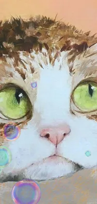 This phone live wallpaper features an acrylic painting of a fat cat with green eyes, lounging on a sunny yellow canvas background