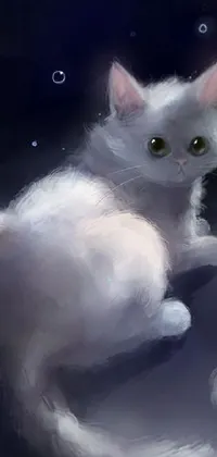 This live phone wallpaper features a stunningly painted white feline with entrancing green eyes, sitting atop a fluffy cloud at night