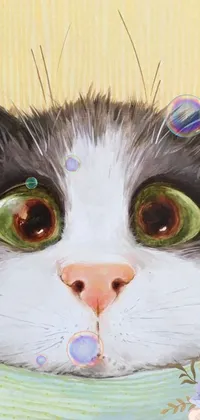 This phone live wallpaper features a lifelike painting of a sleepy cat with green eyes and a white nose