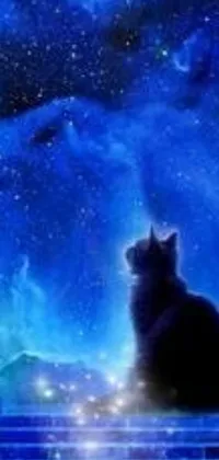 This live phone wallpaper features a black silhouette of a cat sitting peacefully on stone steps amidst a beautiful blue nebula in space art