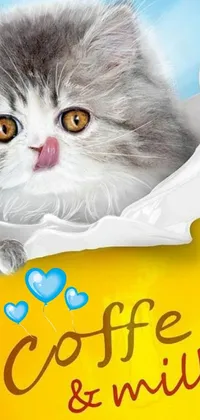 This phone live wallpaper features a playful and adorable tabby cat sticking its tongue out from a milk carton