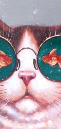 This phone live wallpaper depicts a detailed painting of a cat wearing glasses, with a goldfish in each lens