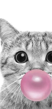 Looking for an adorable live wallpaper to dress up your phone's display? Check out this black and white photo of a cute cat! Captured in striking photorealistic detail, the feline is shown blowing a bubble – a truly endearing sight