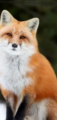 This stunning phone live wallpaper features a red fox sitting in the snow and staring directly into the camera