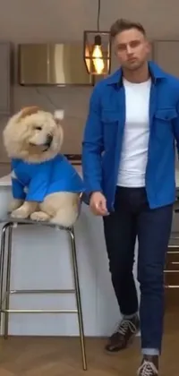 This innovative live wallpaper showcases a fashionable man wearing a blue shirt, standing alongside an adorable dog