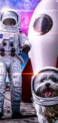 This stunning live wallpaper depicts a charming golden retriever and astronaut on the moon, complete with a rocket ship in the background