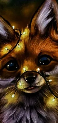 This lively phone wallpaper depicts an endearing digital painting of a furry miniature fox bejeweled in an eye-catching string of multi-colored lights