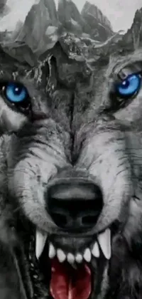 This live phone wallpaper showcases a close-up of a wolf with striking blue eyes
