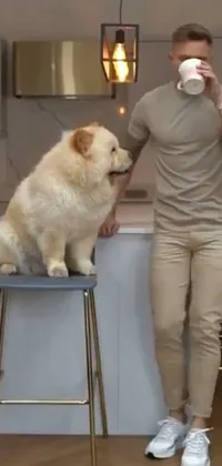 This live wallpaper depicts a relaxed man sitting on a stool alongside a contented Samoyed dog