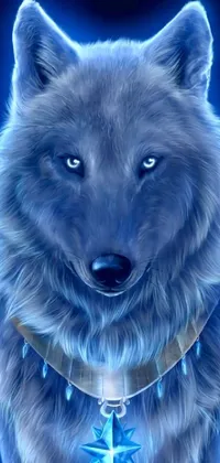 This stunning phone live wallpaper captures a close-up view of a wolf with a star on its collar against a dramatic background of epic, cold blue lighting
