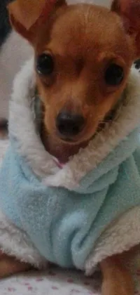 This live wallpaper showcases a delightful image of a small brown dog sitting on a bed wearing a blue hoodie and towel