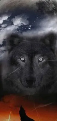 This awe-inspiring live wallpaper for your phone features a magnificent wolf standing on a hill under the radiance of a full moon, enveloped by dark clouds of smoke