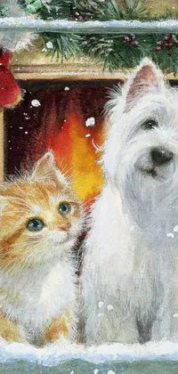 This phone live wallpaper depicts an exquisite painting of a dog and a cat resting in front of a glowing fireplace