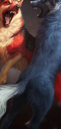 This stunning live wallpaper showcases a digital painting of two dogs engaged in a fierce battle
