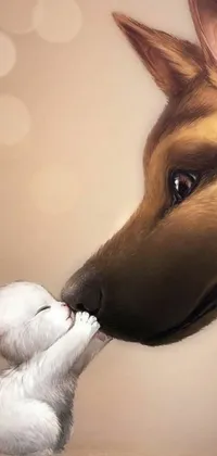 This phone live wallpaper features a beautifully painted dog and white kitten cuddling closely against each other