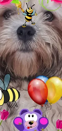 This phone live wallpaper showcases an adorable dog surrounded by colorful balloons and a buzzing bee