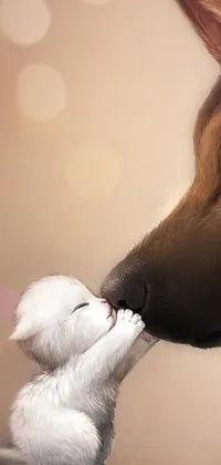 This phone live wallpaper showcases an adorable painting of a dog and white kitten