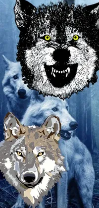 This live phone wallpaper features two wolves standing in a forest, with big heads and a posterized effect