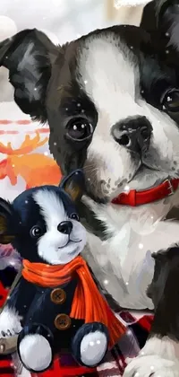 Enhance your phone screen with this charming live wallpaper that features a happy black and white canine sitting alongside an endearing stuffed toy