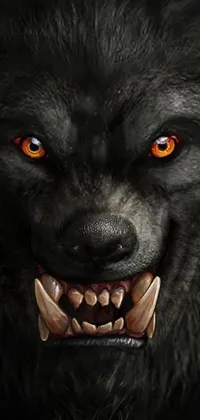 This live phone wallpaper depicts a close-up of a fierce black wolf with glowing red eyes, surrounded by various shades of grey wolves and their treasures