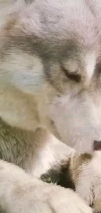 This live wallpaper for your phone captures the essence of a playful husky dog interacting with its favorite toy, with Holo the wolf-girl lounging on the sidelines