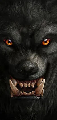 This mobile live wallpaper showcases a stunning digital art image of a fierce black wolf with vibrant red eyes and sharp fangs