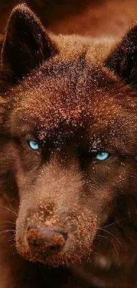 This live wallpaper features a close up of a brown dog with blue eyes, showcasing sleek dark fur and patches of mud for added realism