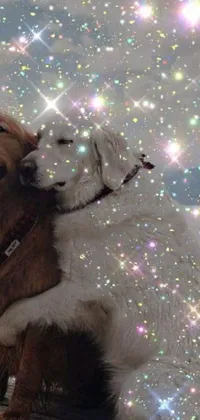 This live wallpaper boasts an idyllic scene of two dogs seated on a wooden dock, set against glittering starry skies