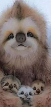 This mobile live wallpaper showcases a heartwarming image of a sloth holding a baby sloth that has gone viral online, with its cute face, big eyes, and smiley expression