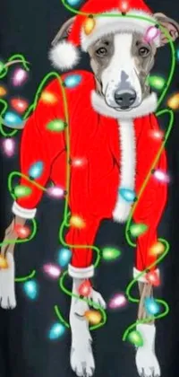 This dynamic mobile wallpaper features a playful depiction of a dog wearing a Santa outfit and a t-shirt against a glowing chains backdrop