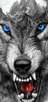 Get captivated by this live wallpaper featuring a striking black and white photograph of a wolf with blue eyes