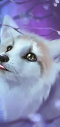 This phone live wallpaper features a digital painting of a white fox with blue eyes