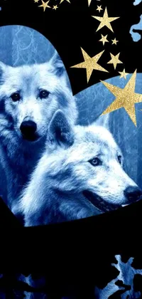 This phone live wallpaper depicts two white wolves standing together against a starry blue and silver background