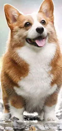 This phone live wallpaper features a detailed photorealistic image of a brown and white corgi standing on a gravel road