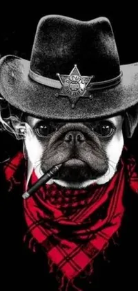This live wallpaper showcases a cool pug dog wearing a cowboy hat and scarf with a police badge, adding Wild West vibes to your phone screen
