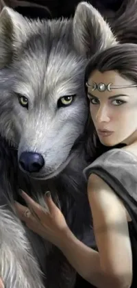 This stunning live wallpaper features a mesmerizing painting of a woman hugging a wolf, set in a digital rendering of a magical and surreal world