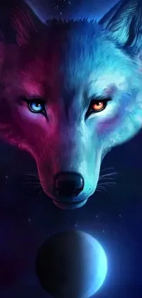 This digital painting live wallpaper features the close-up of a wolf's face against the full moon backdrop