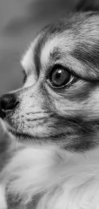 This phone live wallpaper is a stunning black and white image of a long-haired chihuahua