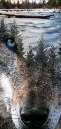 This stunning phone live wallpaper features a close-up of a wolf with piercing blue eyes