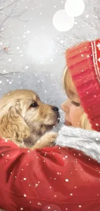 This phone live wallpaper showcases a beautiful digital artwork of a child and a dog spending quality time in the snowy winter