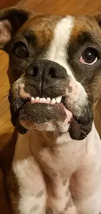 This phone live wallpaper boasts a magnificent brown and white boxer dog sitting on a beautifully polished wooden floor, showcasing a sarcastic smile with teeth