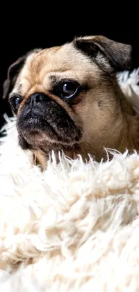 This live phone wallpaper showcases a delightful pug dog sitting atop a white blanket