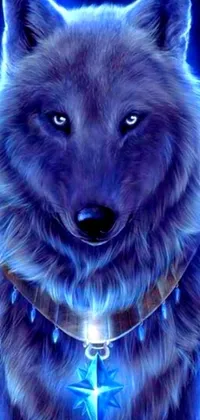 This wolf live wallpaper features a close-up view of the majestic animal wearing a star-studded collar
