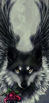 This live wallpaper features a striking airbrush painting of a wolf with wings and a rose
