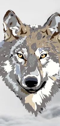 This phone live wallpaper displays a close up of a wolf's face against a gray background with clouds in the distance