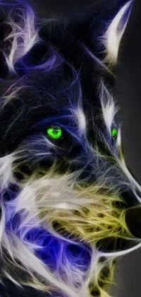 This live phone wallpaper features a stunning 3D black and white dog with glowing green eyes