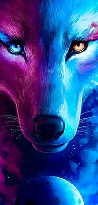 This phone live wallpaper showcases an incredible airbrush painting of a wolf with stunning fur details and vibrant magenta and blue colors