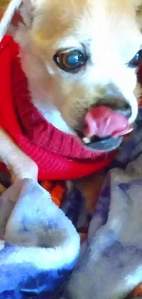 Looking for a playful and cheerful live wallpaper for your phone? Check out this adorable animated design featuring a chihuahua wearing a red sweater and sporting a tongue-out expression
